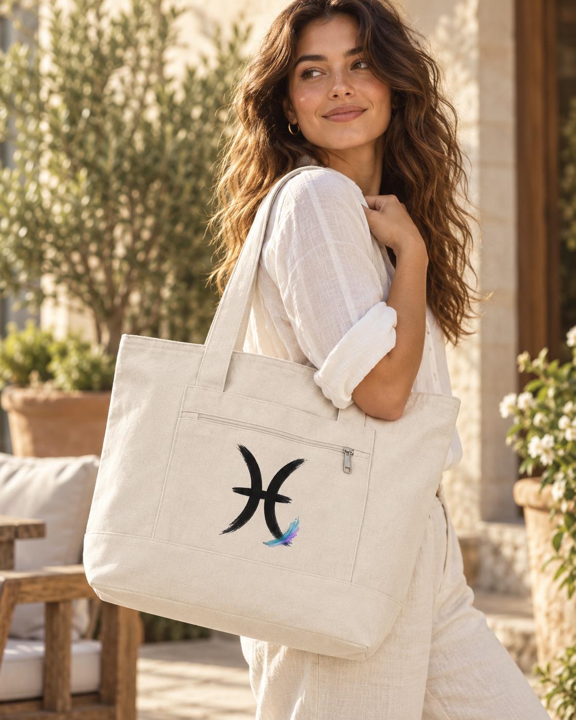 Pisces Zodiac Symbol Zippered Canvas Tote | Astrology Fish Horoscope