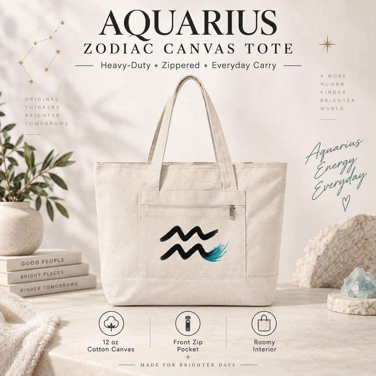 Aquarius Wave Zodiac symbol Zippered Canvas Tote | Astrology Water-bearer