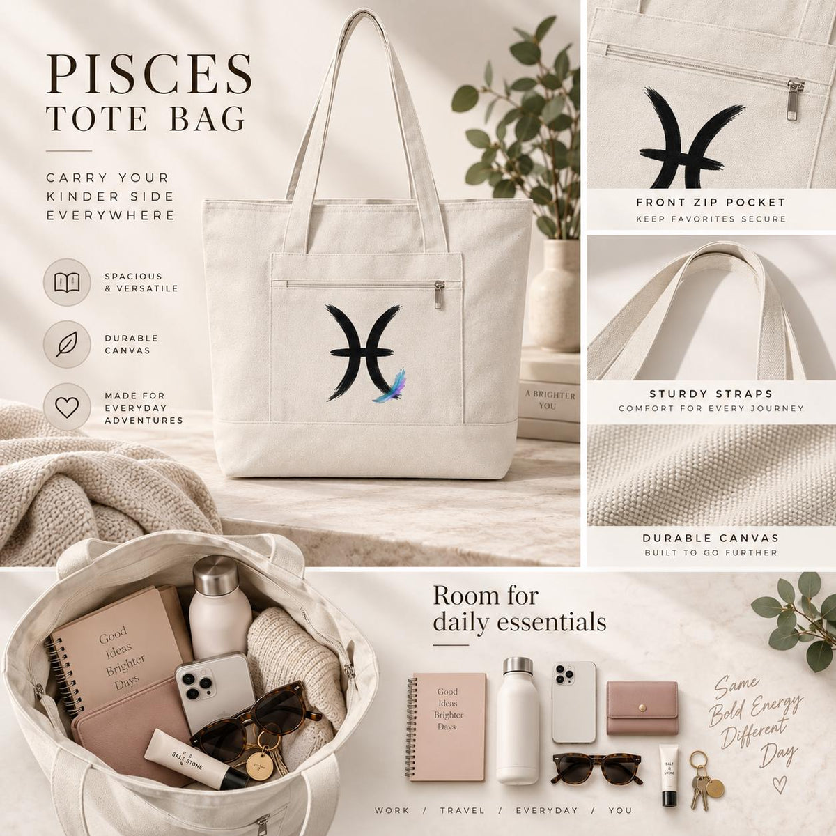 Pisces Zodiac Symbol Zippered Canvas Tote | Astrology Fish Horoscope