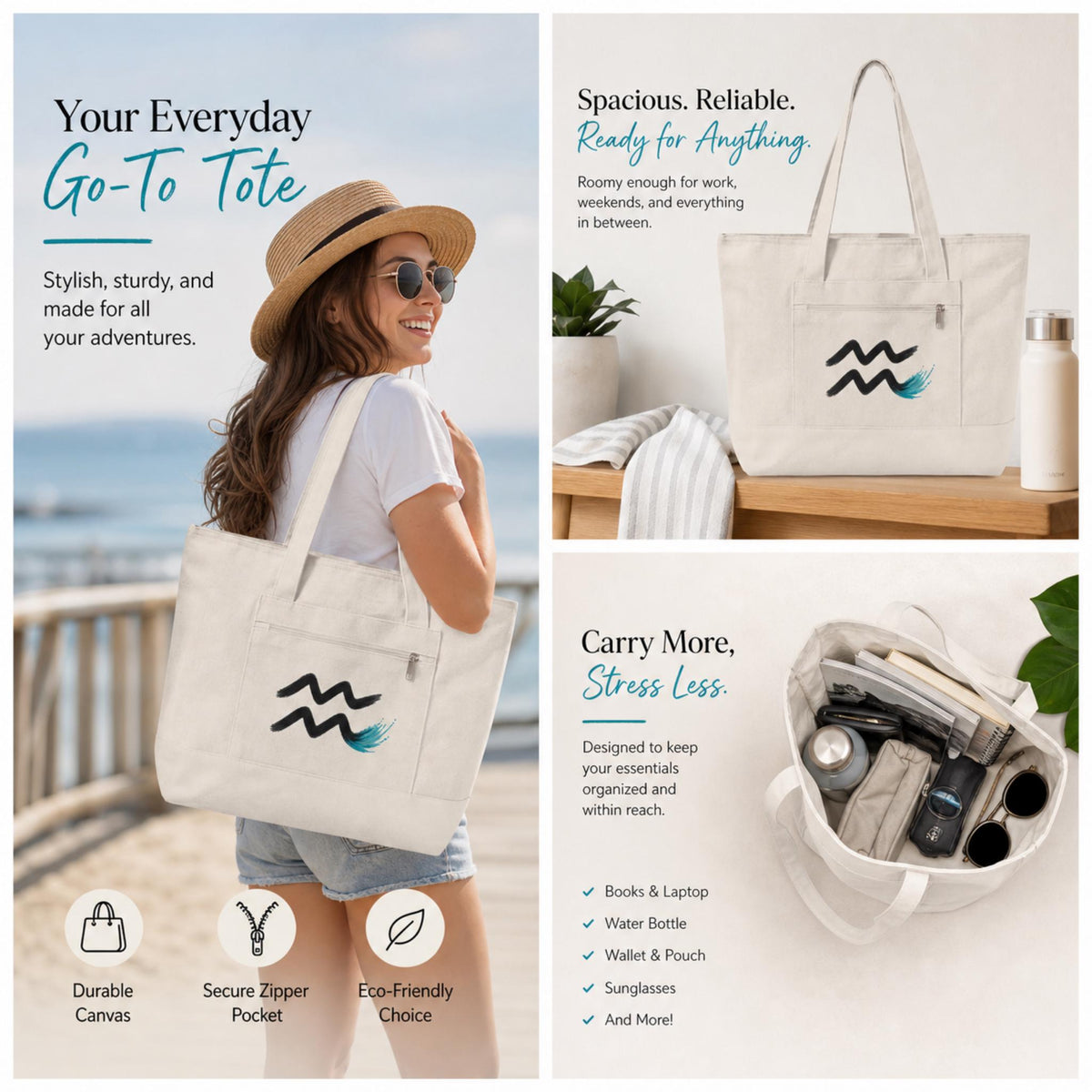 Aquarius Wave Zodiac symbol Zippered Canvas Tote | Astrology Water-bearer