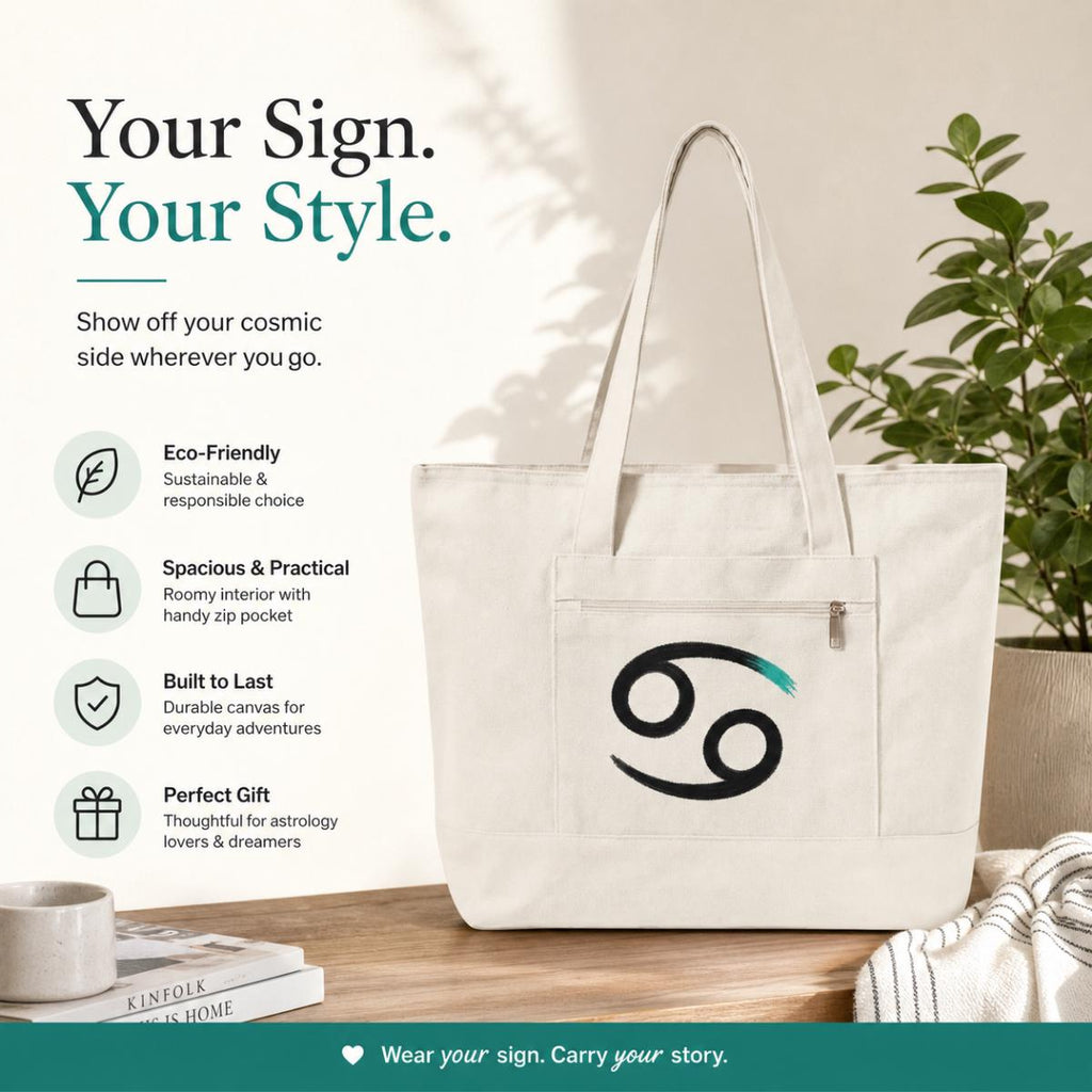Cancer Zodiac Symbol Zippered Canvas Tote | Astrology Tote Bag