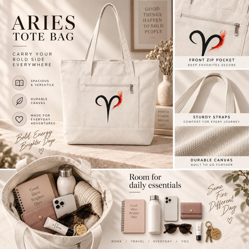Aries Flame Zodiac symbol Zippered Canvas Tote | Astrology Tote Bag